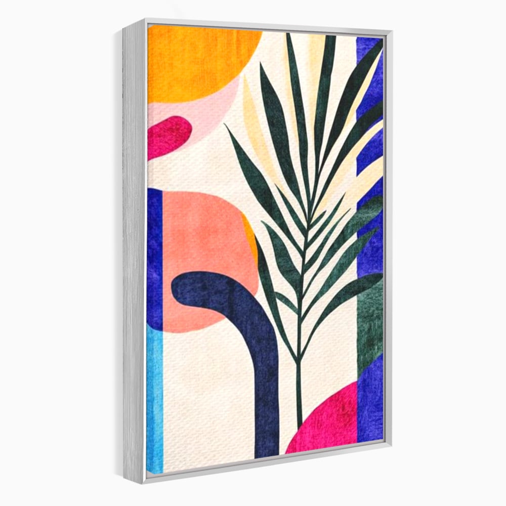 Tablou canvas cu ilustratie abstracta cu frunze de palmier, in rama de aluminiu argintiu
